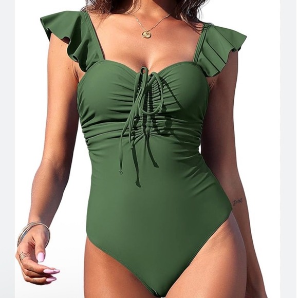 Zaful Other - Zaful Olive Green Ruffled Tie Front One Piece‎ Swimsuit Women's Size M
